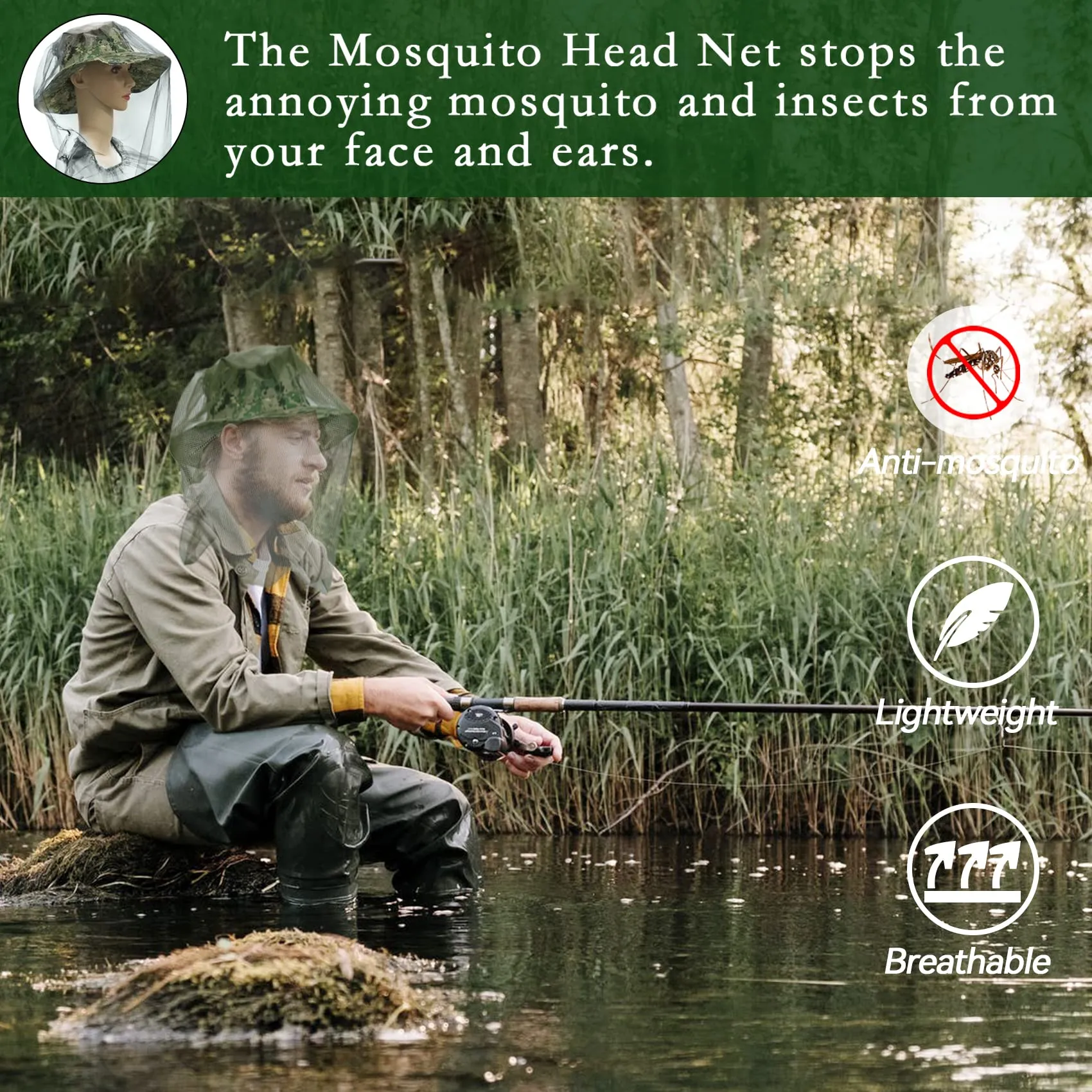 2 Pieces Mosquito Head Net Mesh, Midge Net Face Mesh Head Cover with Storage Bag for Outdoor Hiking, Fishing, Camping, Climbing, Green and Black Green, Black