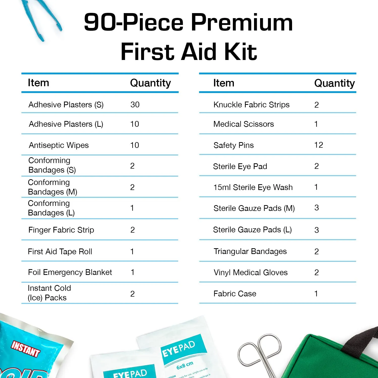 90 Piece Premium First Aid Kit Bag - Includes Eyewash, 2 x Cold (Ice) Packs and Emergency Blanket for Home, Office, Car, Caravan, Workplace, Travel Green