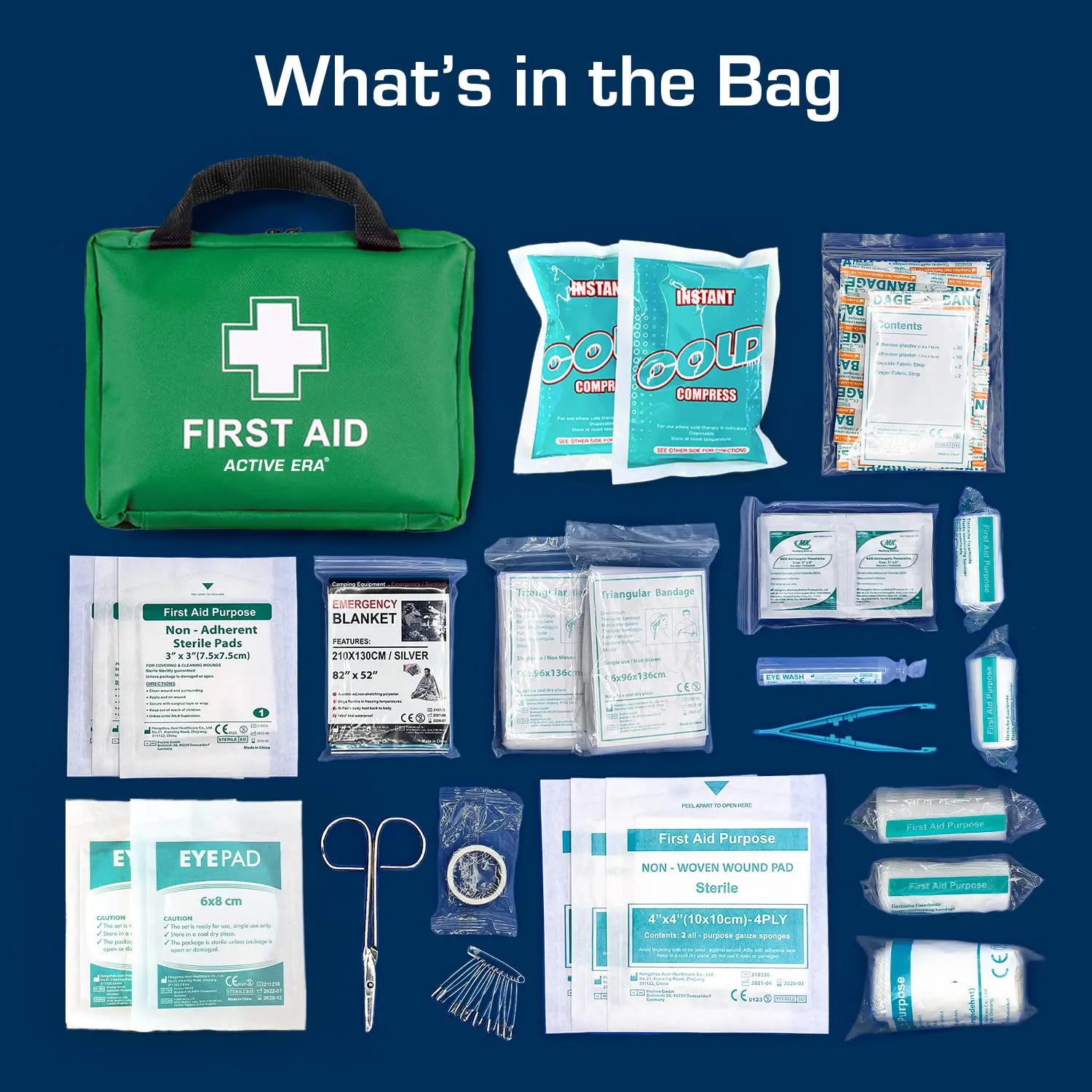 90 Piece Premium First Aid Kit Bag - Includes Eyewash, 2 x Cold (Ice) Packs and Emergency Blanket for Home, Office, Car, Caravan, Workplace, Travel Green