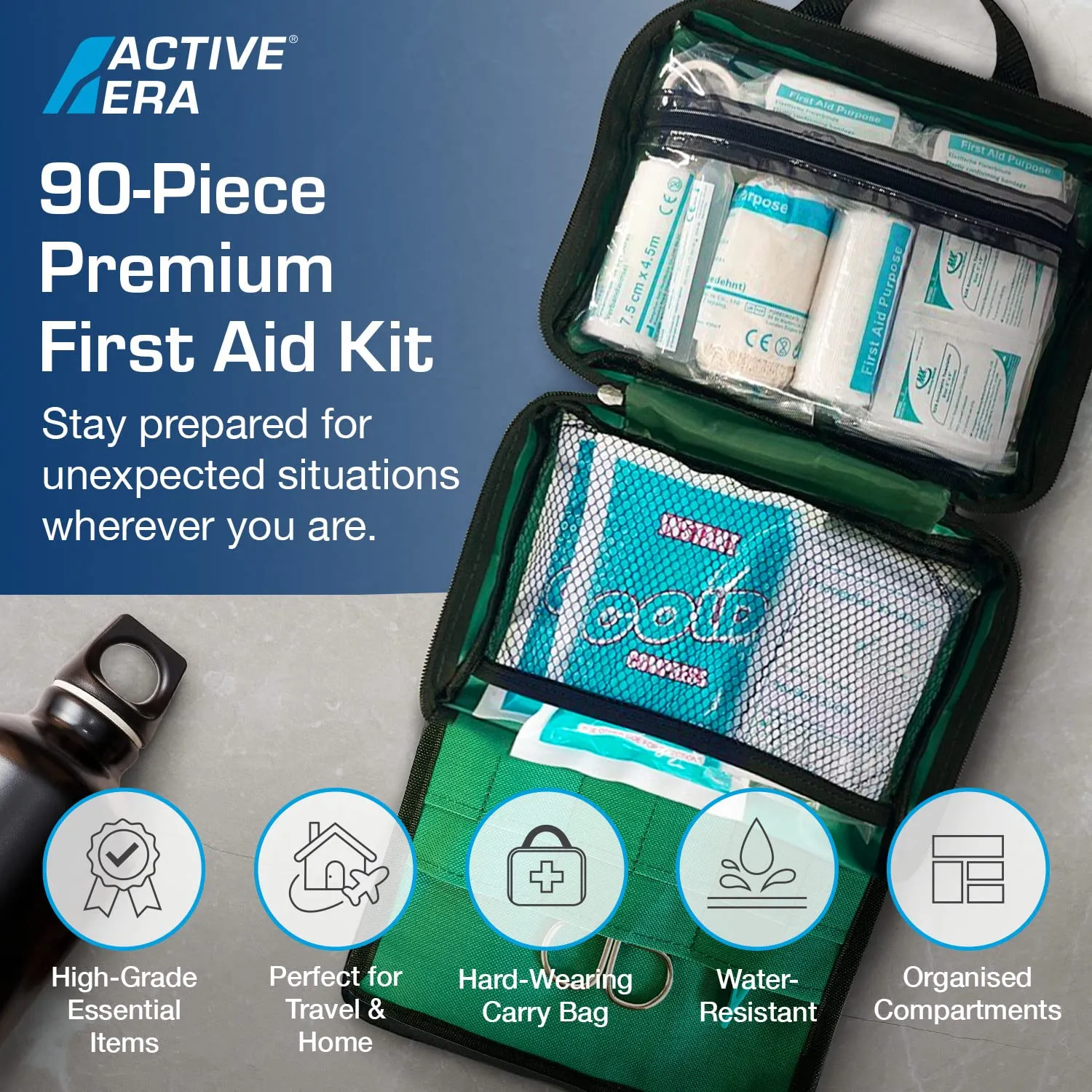90 Piece Premium First Aid Kit Bag - Includes Eyewash, 2 x Cold (Ice) Packs and Emergency Blanket for Home, Office, Car, Caravan, Workplace, Travel Green