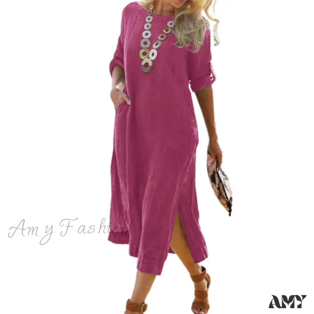 Amy Fashion - Sleeve Button O Neck Slit Hem Long Dress
