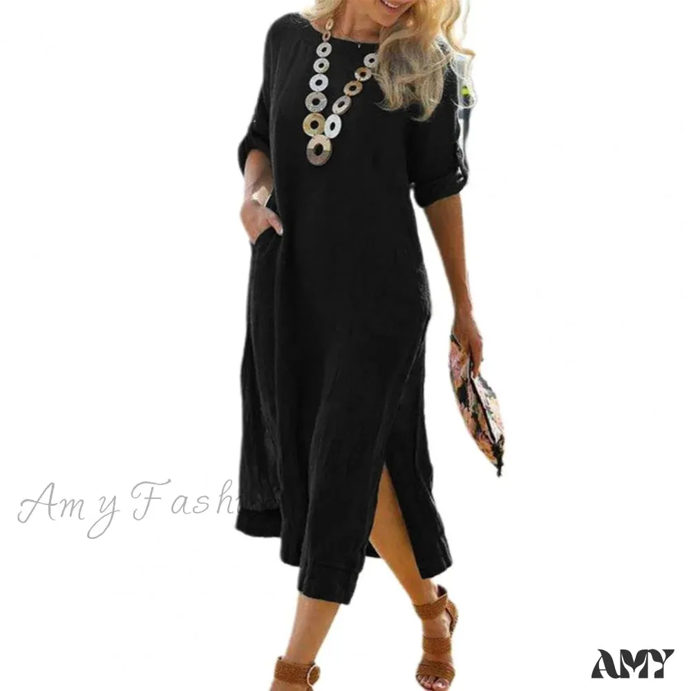 Amy Fashion - Sleeve Button O Neck Slit Hem Long Dress