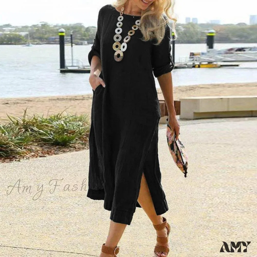 Amy Fashion - Sleeve Button O Neck Slit Hem Long Dress