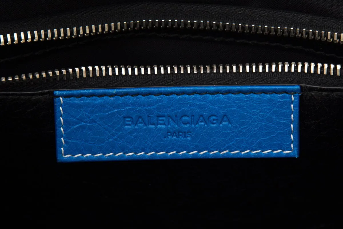 Balenciaga Black and Blue Stripe Leather Bazar Handbag