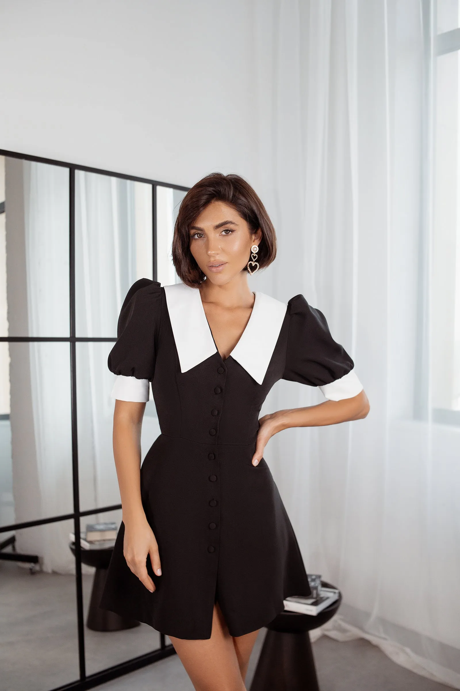 Black Buttoned Short Sleeve Mini Dress