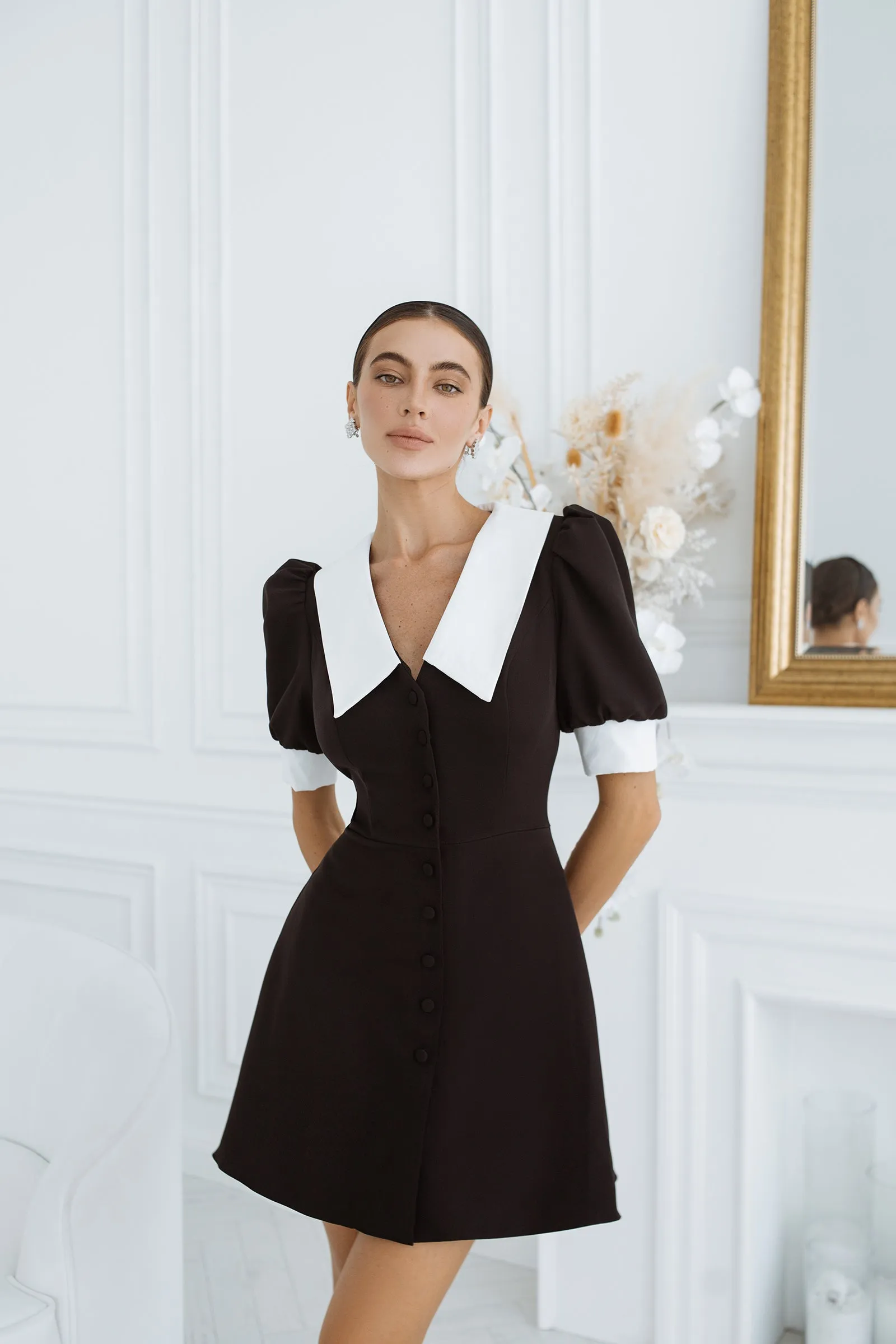Black Buttoned Short Sleeve Mini Dress