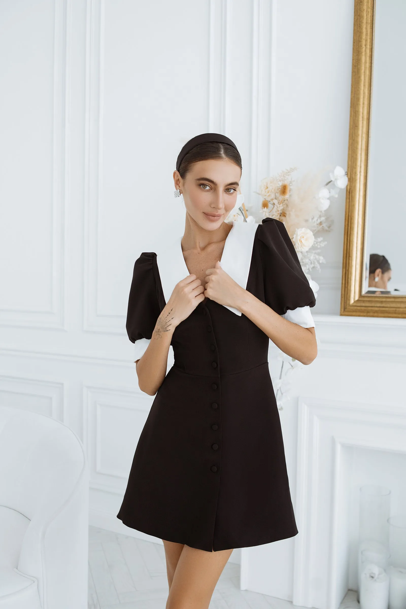 Black Buttoned Short Sleeve Mini Dress