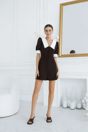 Black Buttoned Short Sleeve Mini Dress