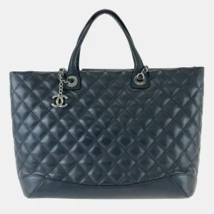 Blue Small Quilted Calfskin Easy Shopping Tote Bag