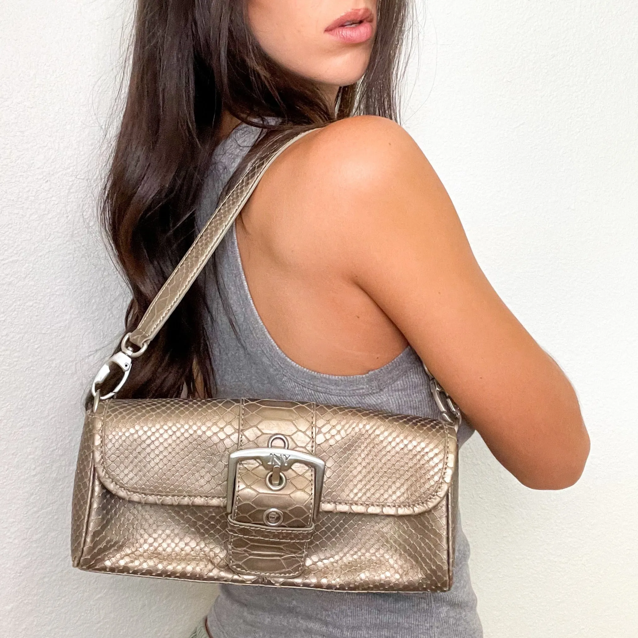 Brown Snake Print Y2K Buckle Purse