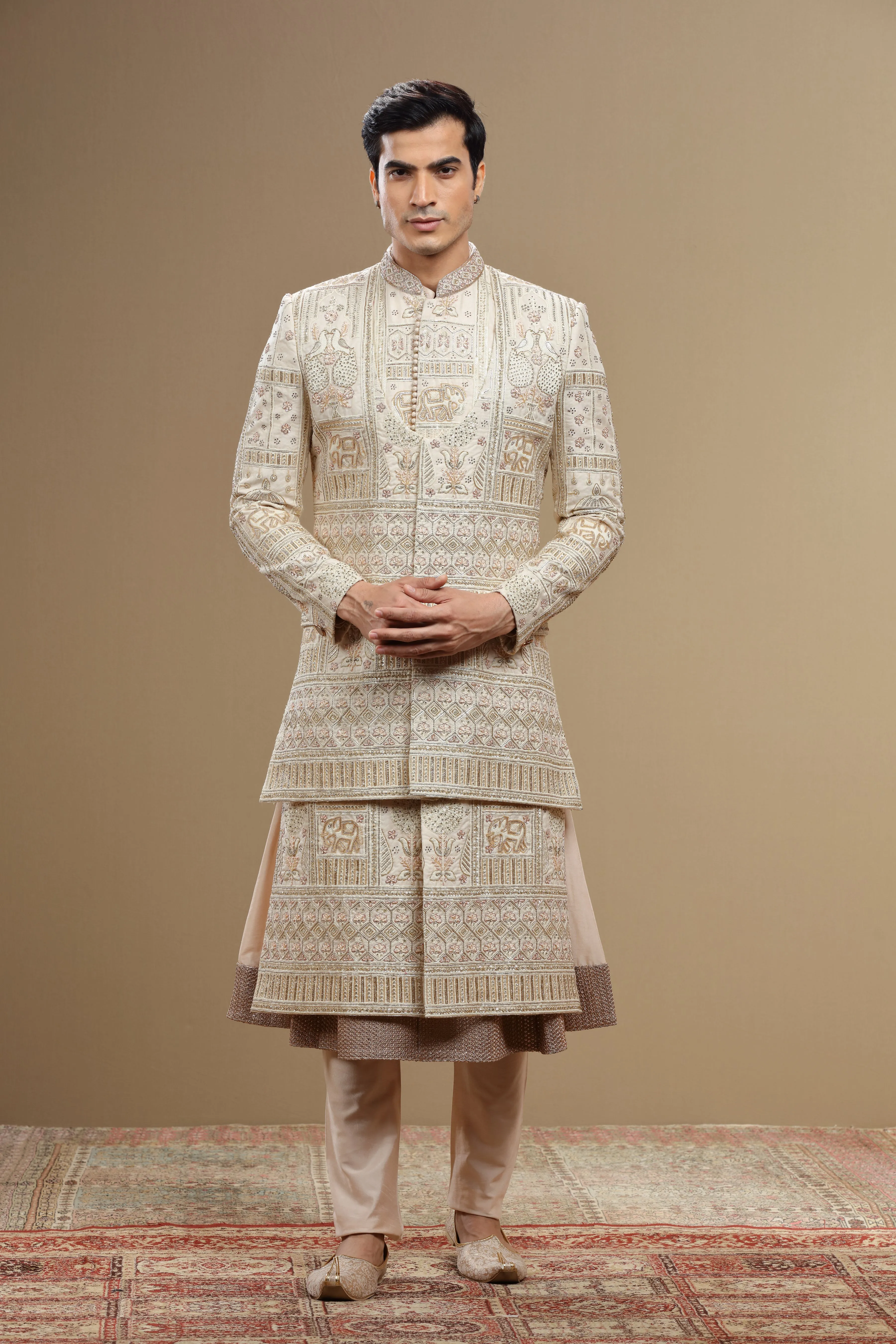 Cream Hand Embroidered Silk Sherwani Set With Anarkali