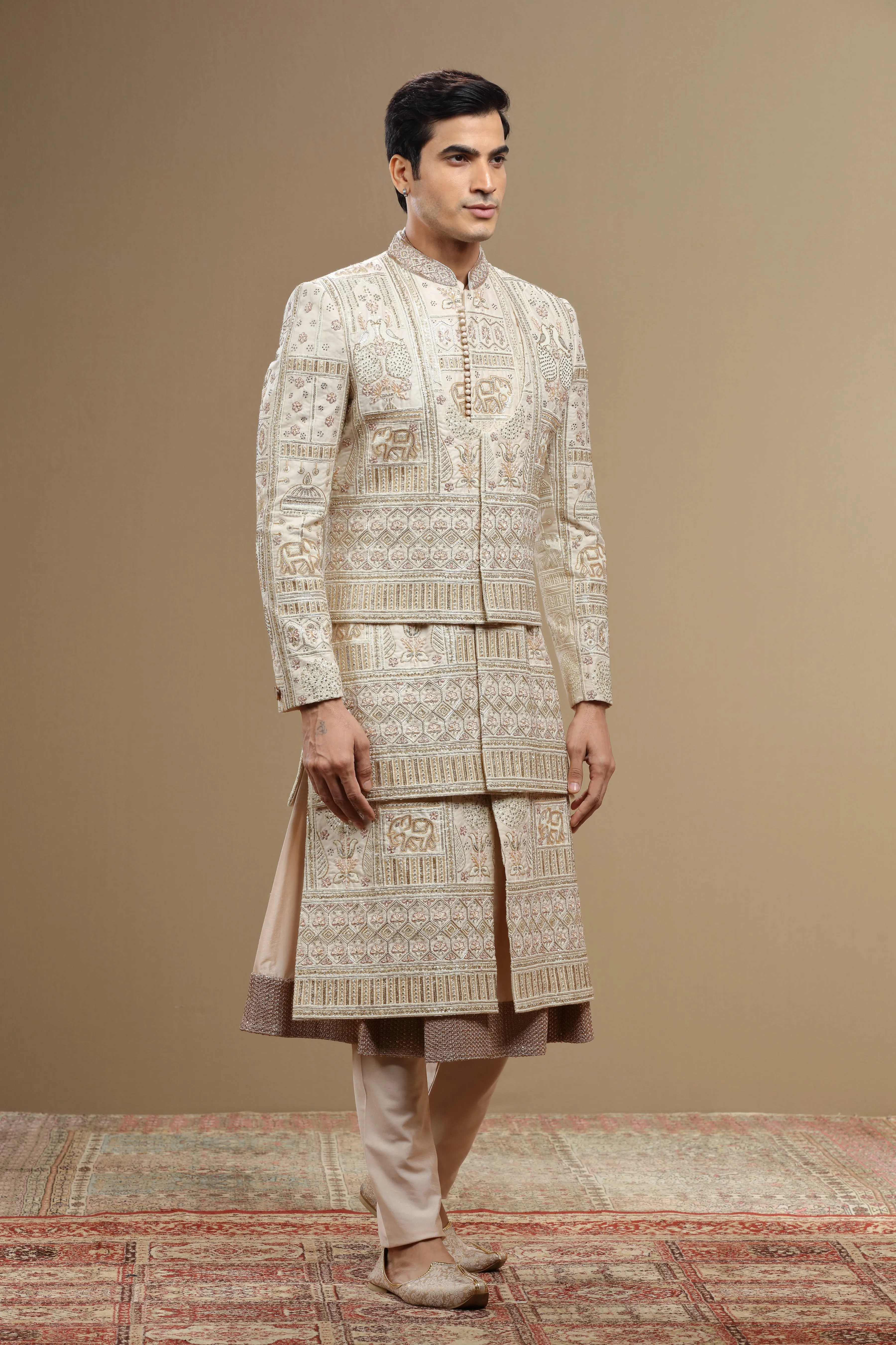 Cream Hand Embroidered Silk Sherwani Set With Anarkali