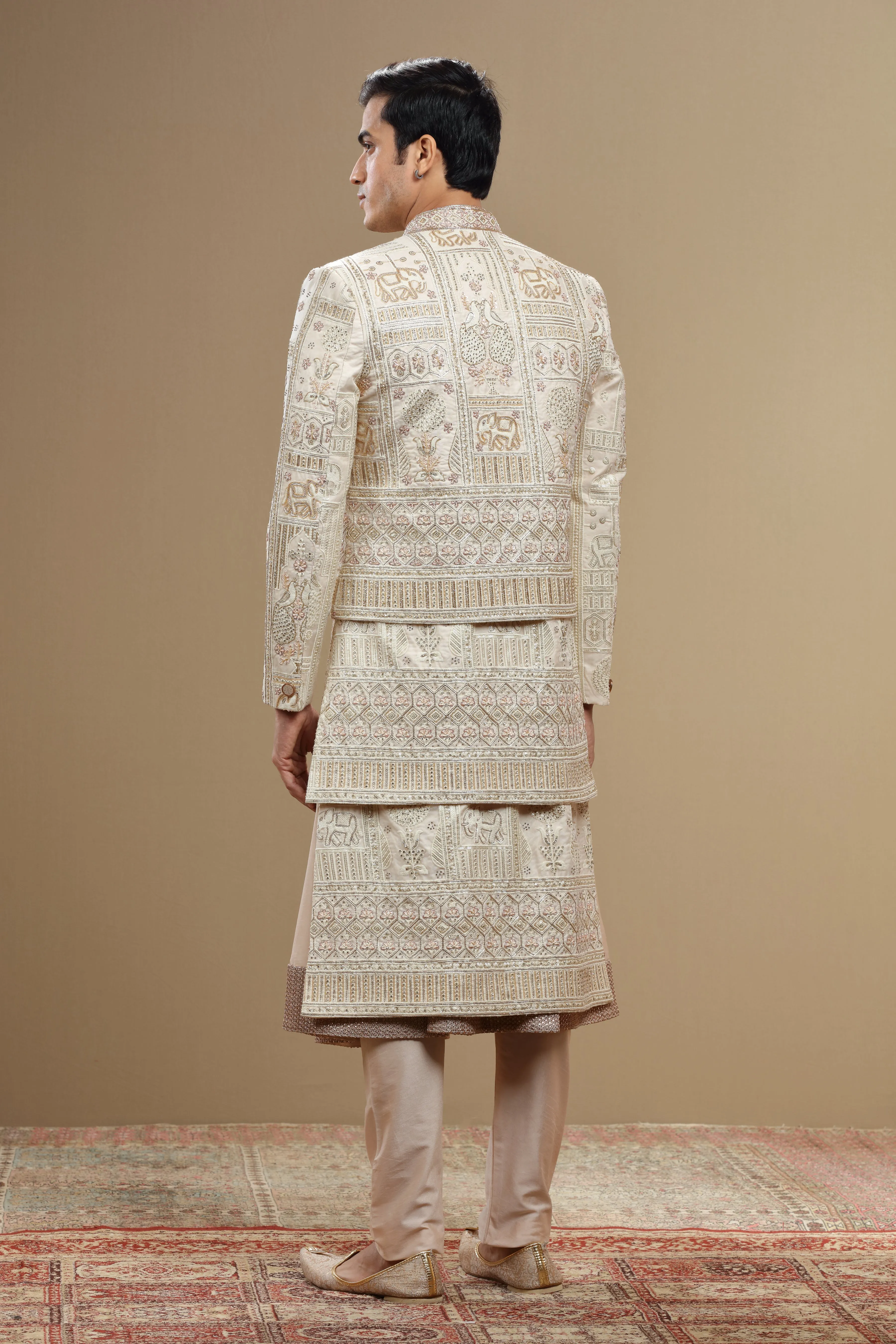Cream Hand Embroidered Silk Sherwani Set With Anarkali