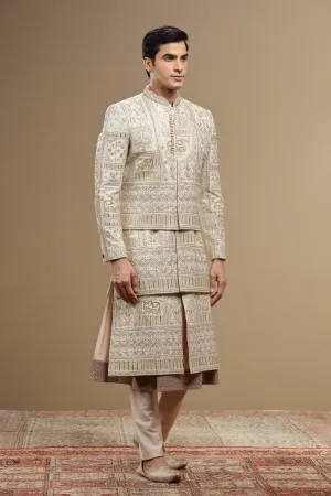 Cream Hand Embroidered Silk Sherwani Set With Anarkali