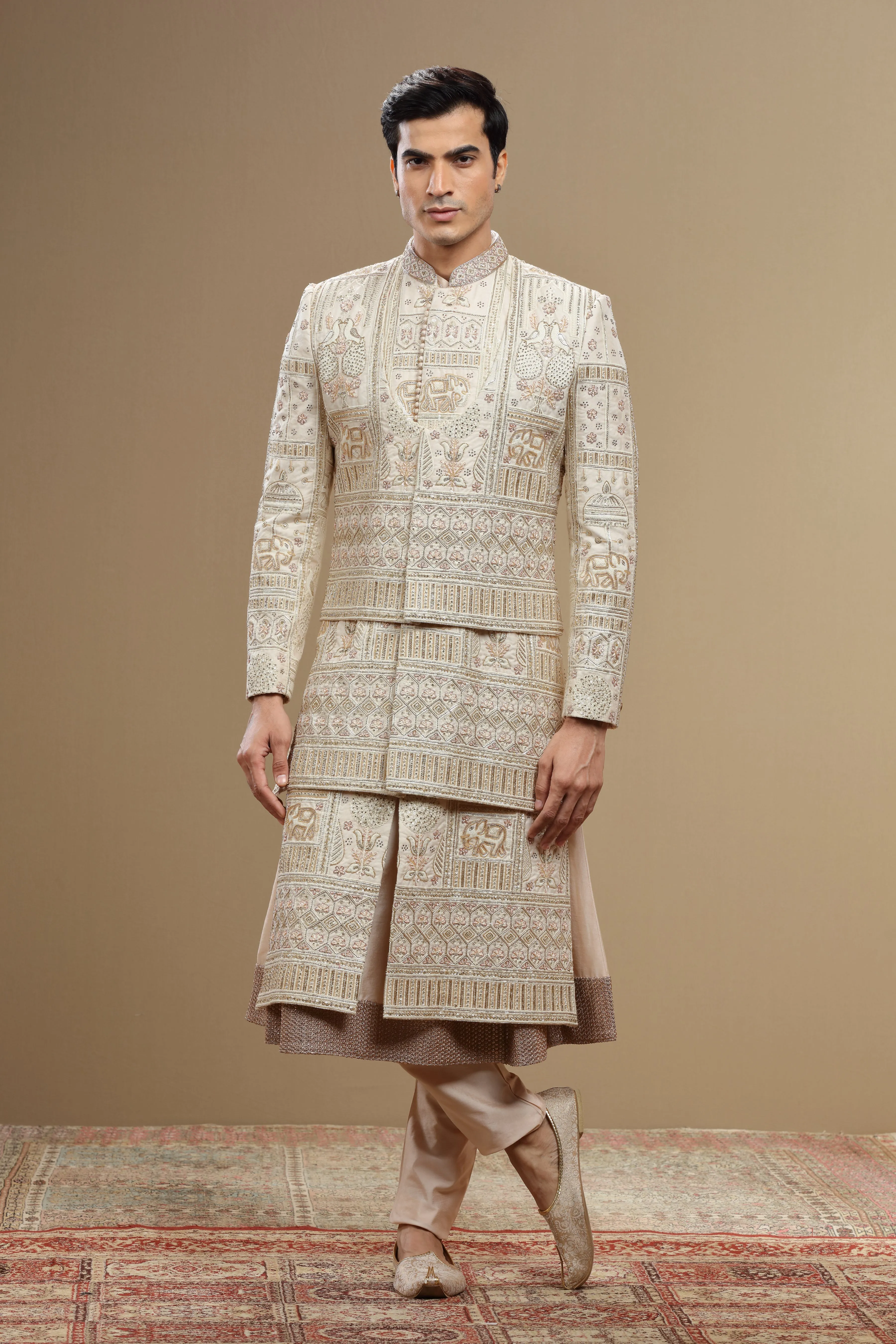 Cream Hand Embroidered Silk Sherwani Set With Anarkali