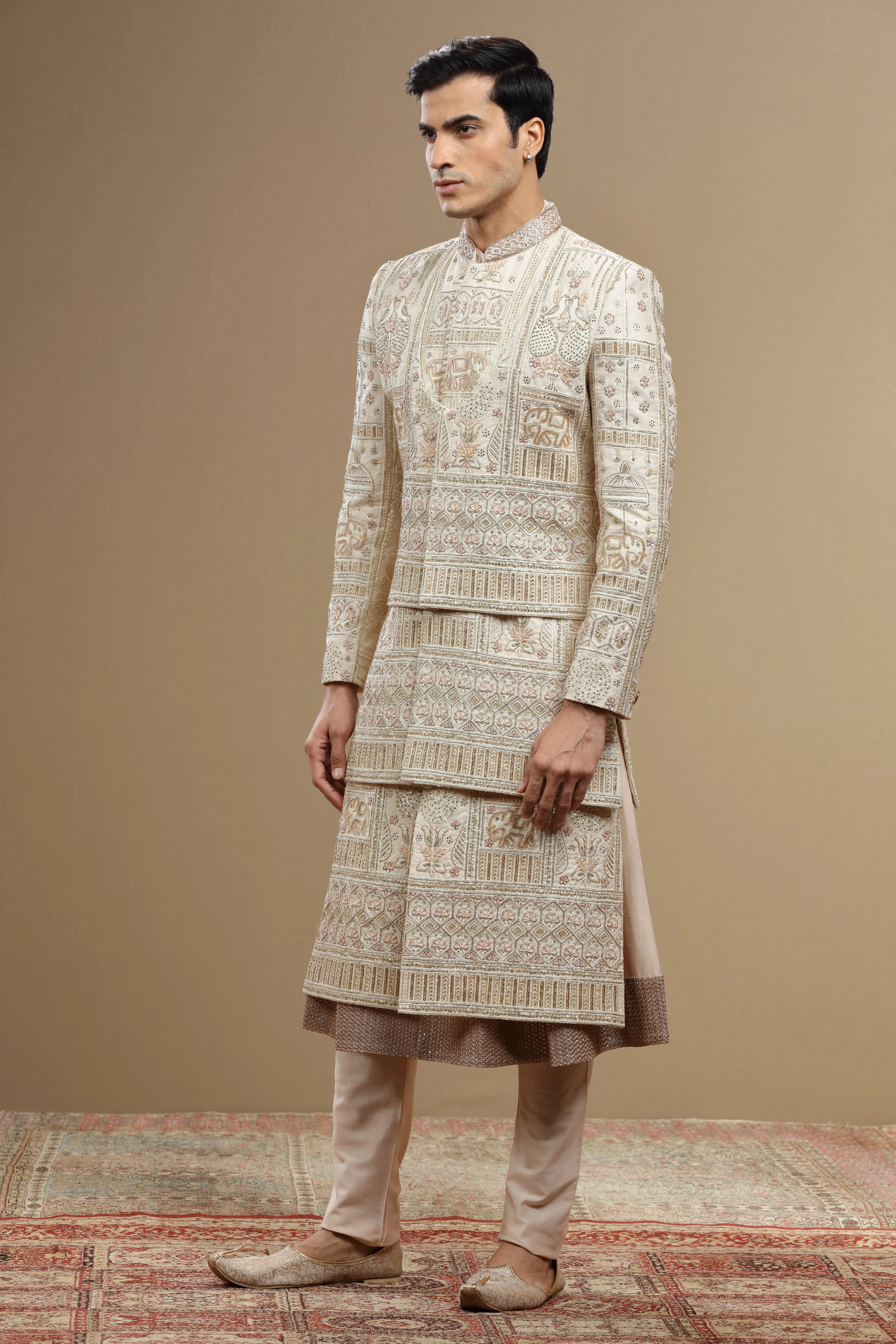 Cream Hand Embroidered Silk Sherwani Set With Anarkali