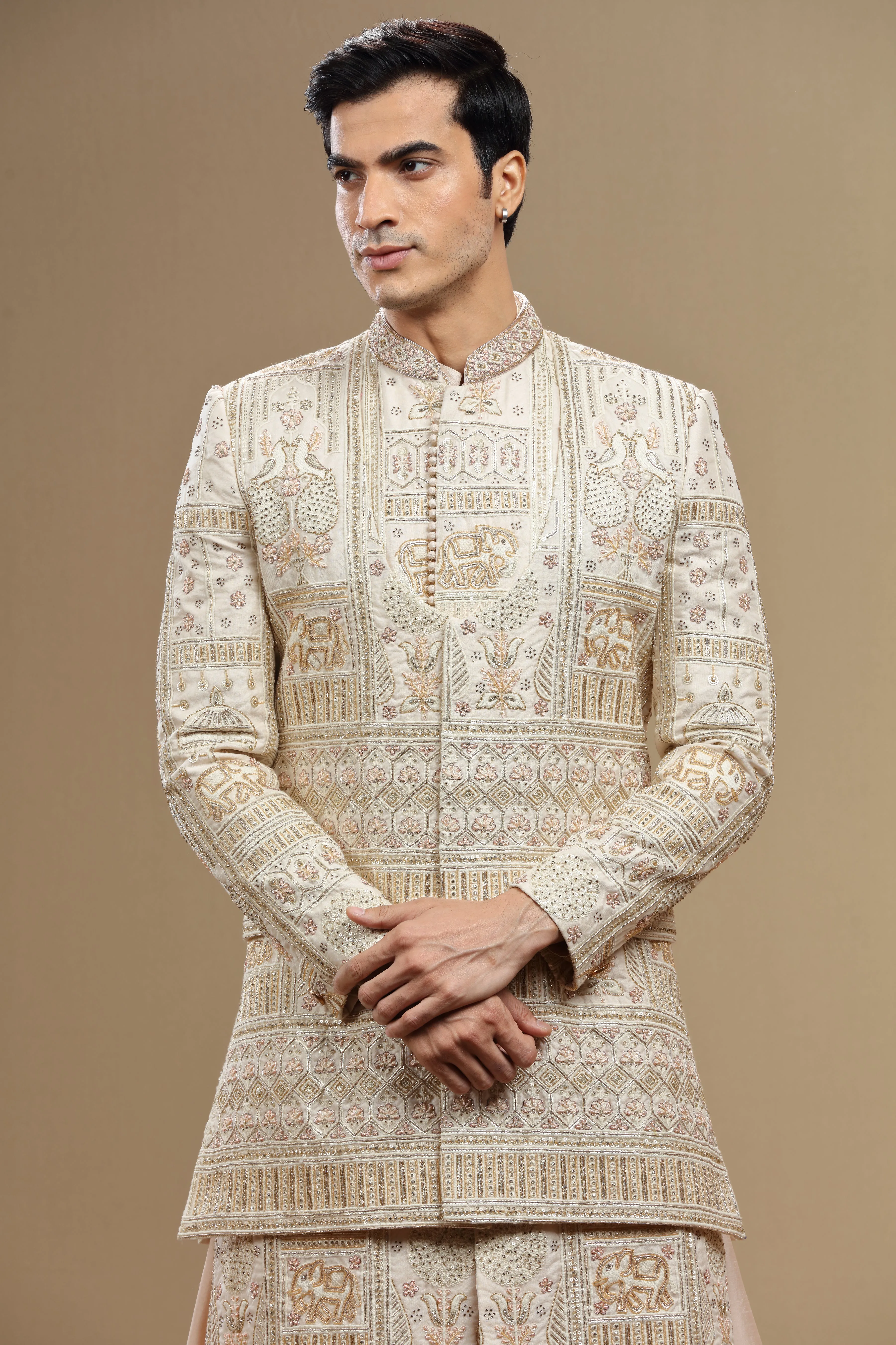 Cream Hand Embroidered Silk Sherwani Set With Anarkali