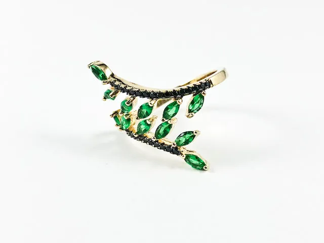Dainty Cute Leaf Floral Design Black & Green CZ Design Gold Tone Ring