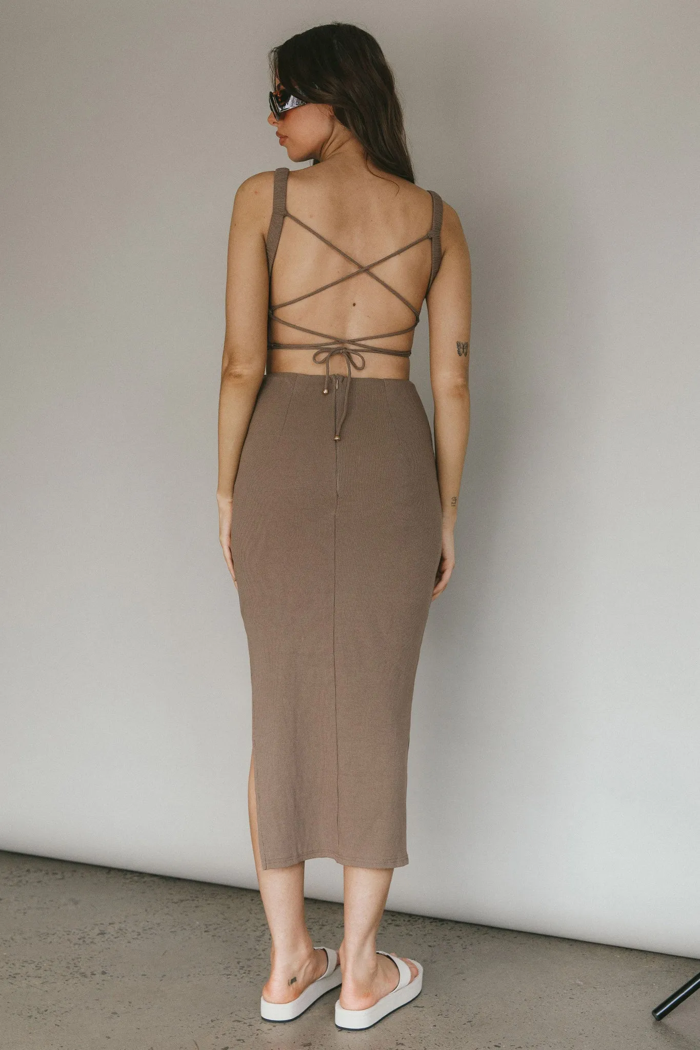 Dream Crush Lace-Up Back Side Split Midi Dress Khaki