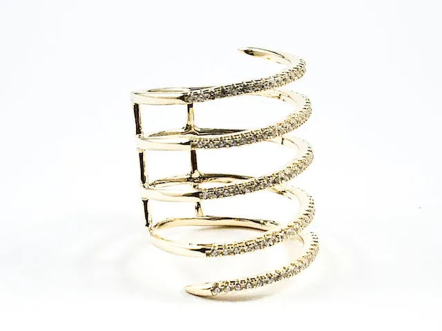 Elegant Open Swirl Design CZ Long Gold Tone Silver Ring