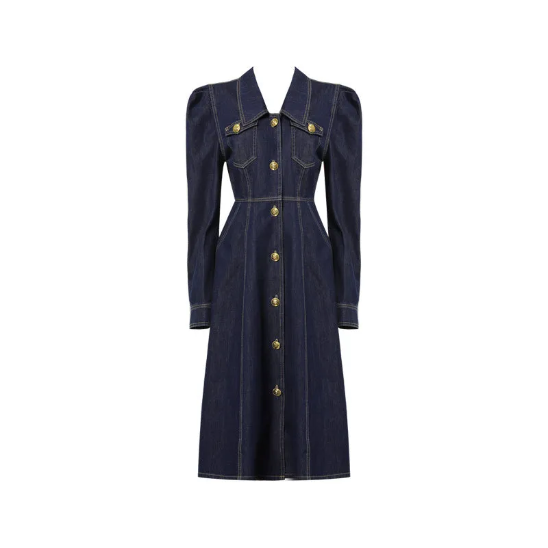 Fall autumn French vintage denim dress blue dress - Saba