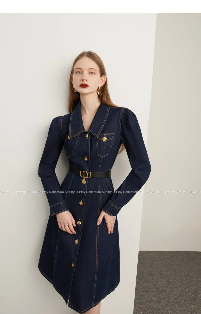 Fall autumn French vintage denim dress blue dress - Saba