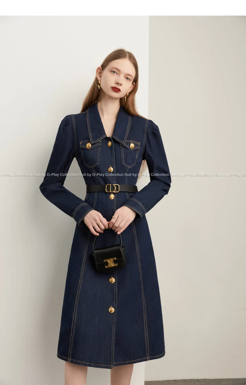 Fall autumn French vintage denim dress blue dress - Saba