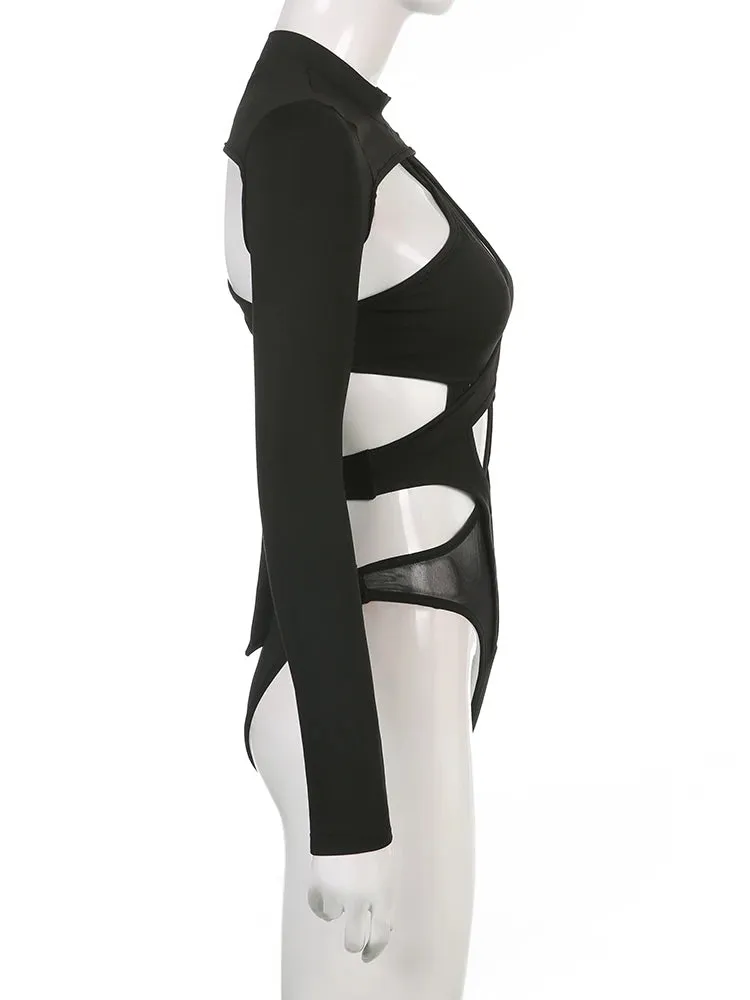 Fashion Skinny Bandage Black Party Bodysuit Women Cut Out Summer Sexy Body Suit Clubwear Lace Up Hot Catsuit Jumpsuit