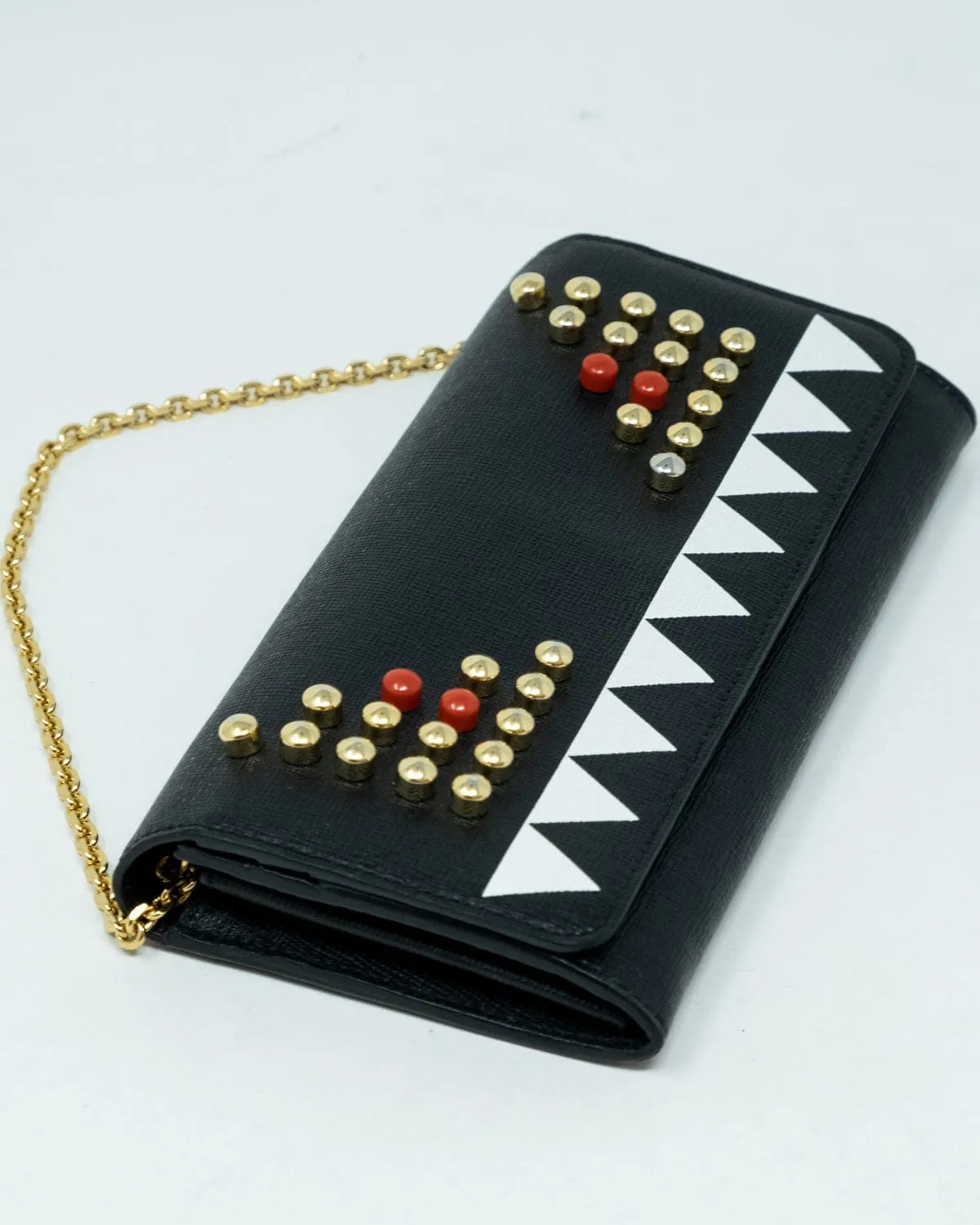 Fendi Black Leather Studded Monster Wallet On Chain - AGL1772