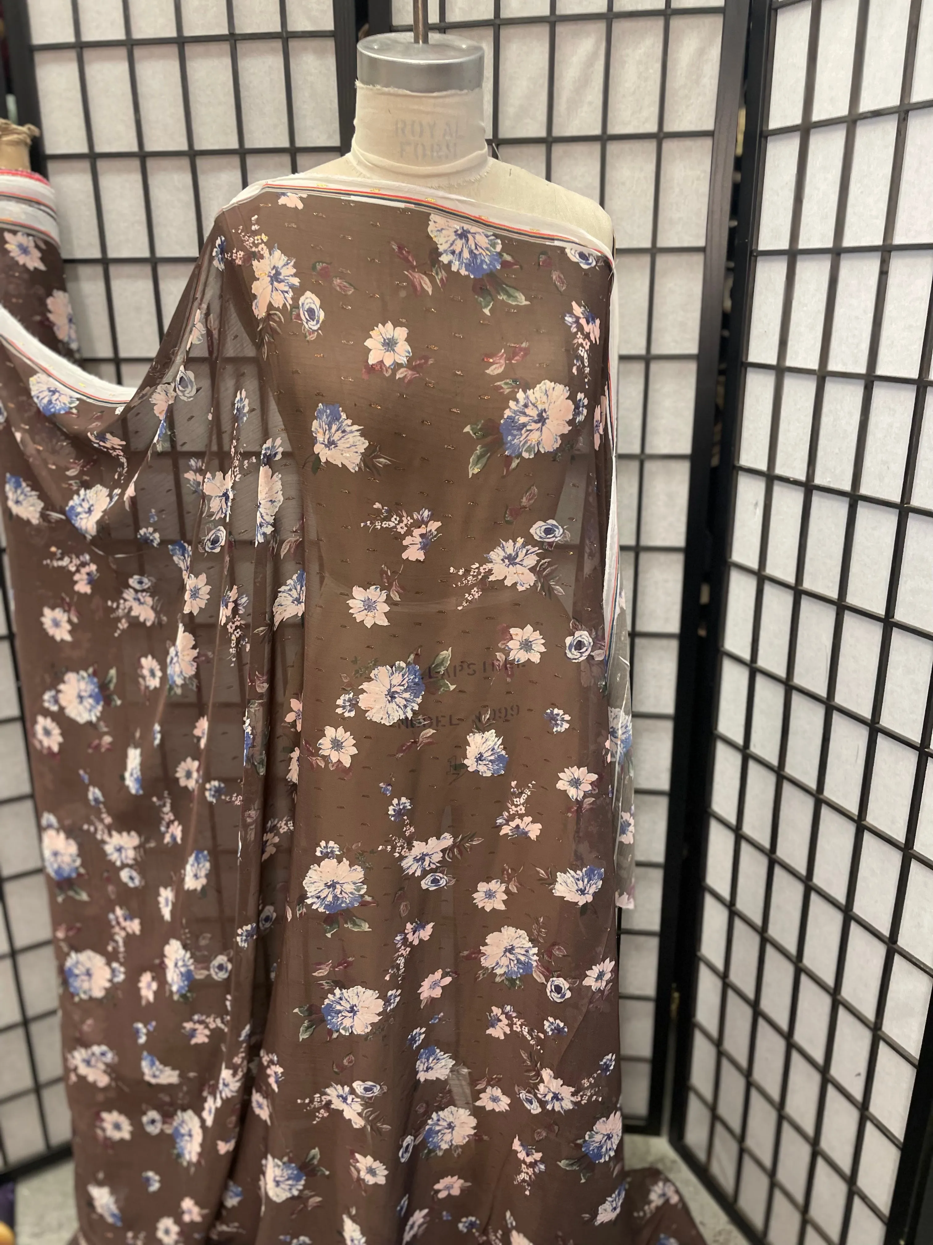 Floral Poly Chiffon - Brown, Pink, Blue and Gold
