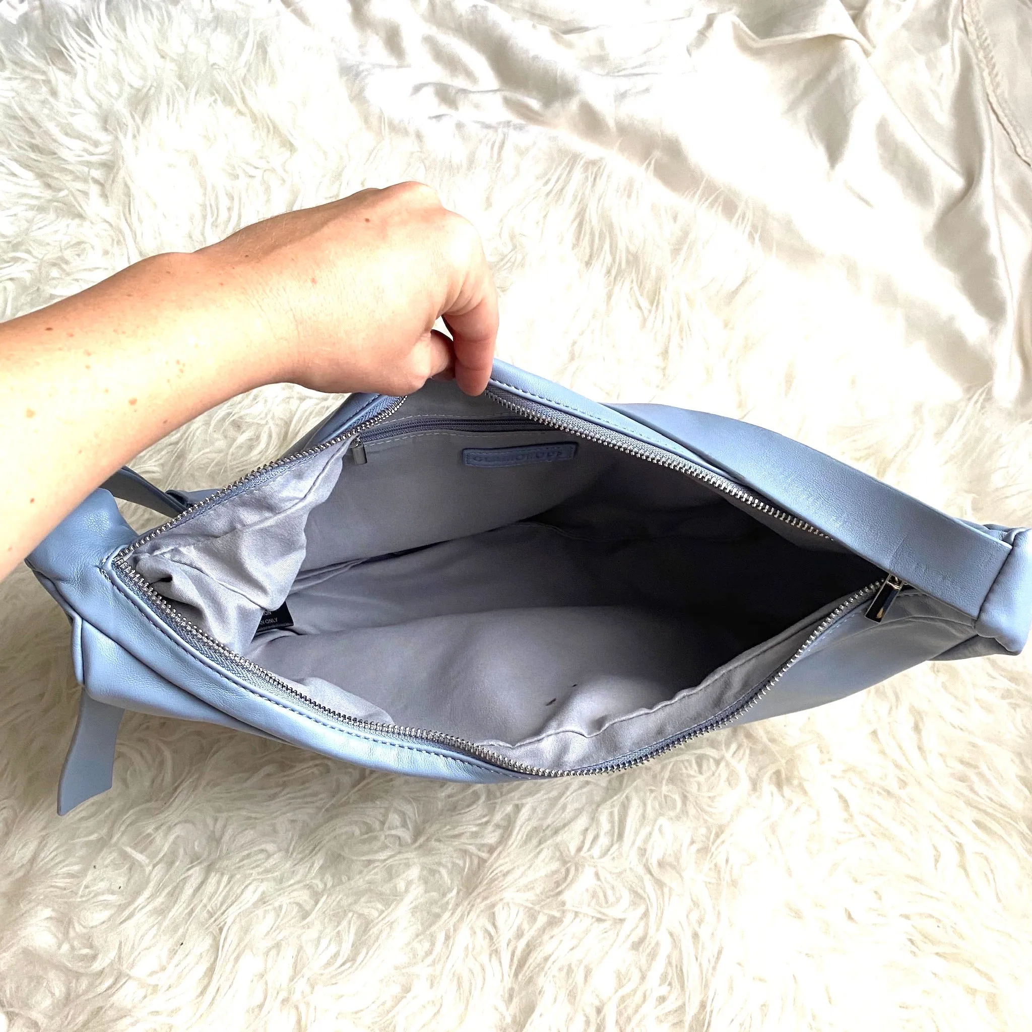 Glamorous Light Blue Faux Leather Sling Tote Bag (like new condition)