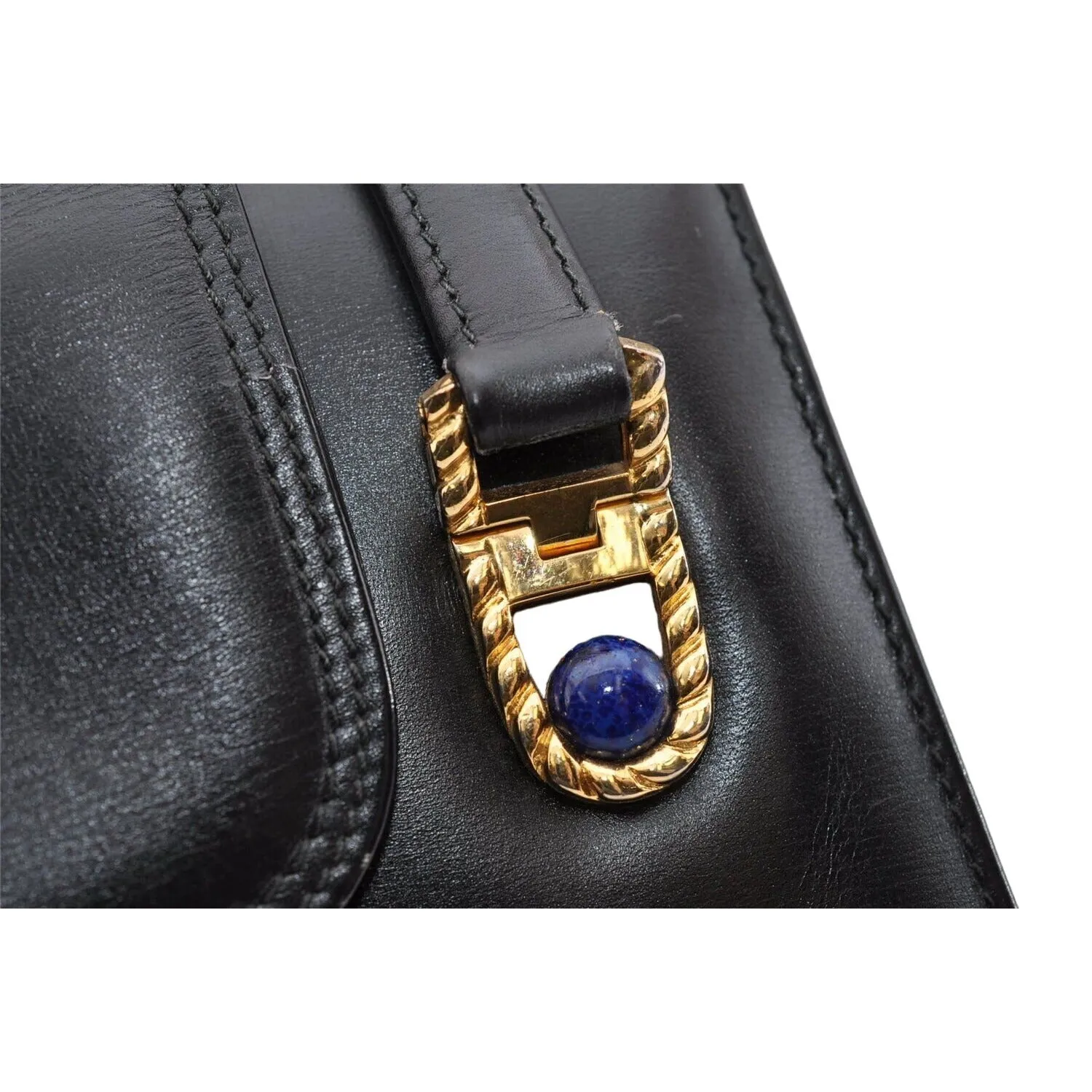 Gucci black leather top handle Kelly bag with blue lapis