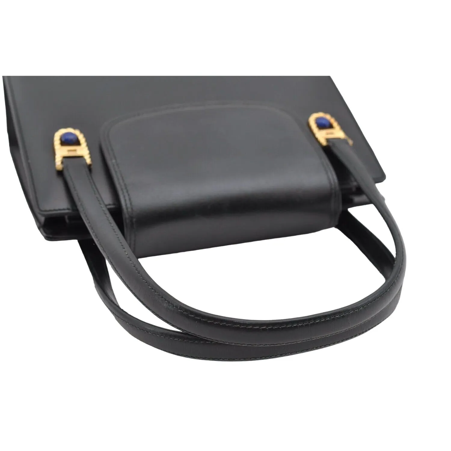 Gucci black leather top handle Kelly bag with blue lapis