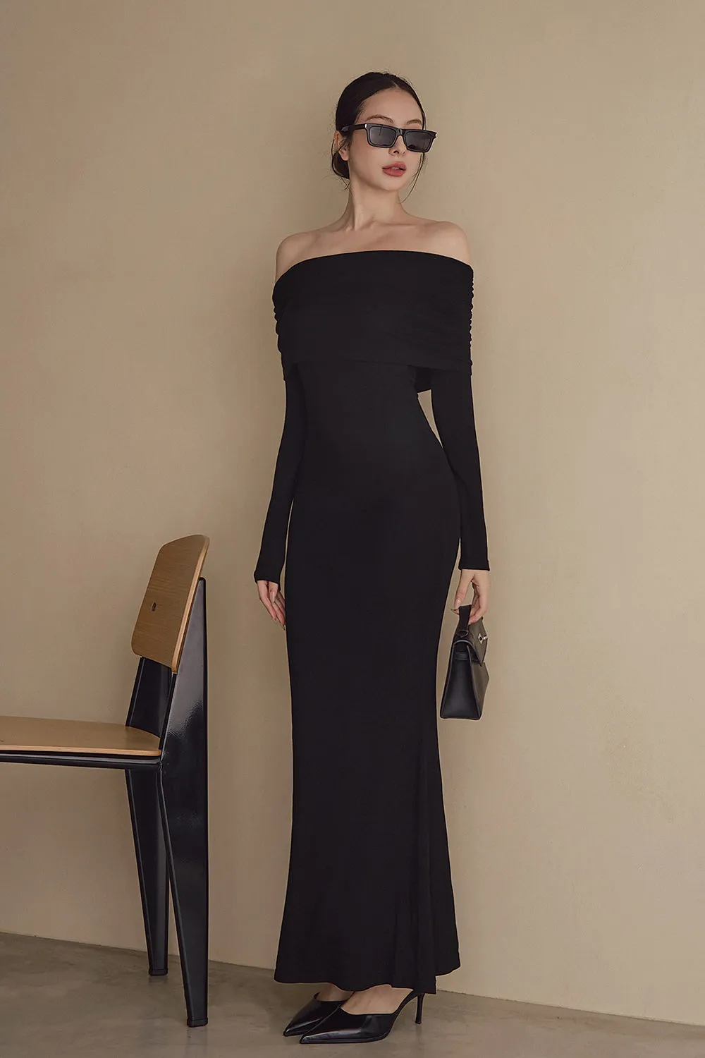 一見鍾情羅紋翻領魚尾襯墊長洋裝<br>Elegant Rib Knit Fold Over Fishtail Maxi Bra Dress
