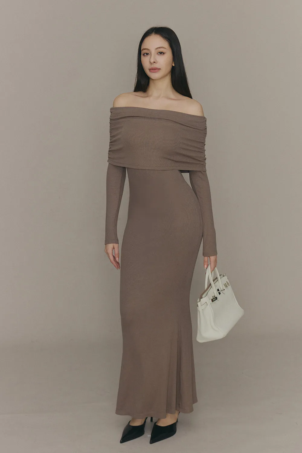 一見鍾情羅紋翻領魚尾襯墊長洋裝<br>Elegant Rib Knit Fold Over Fishtail Maxi Bra Dress