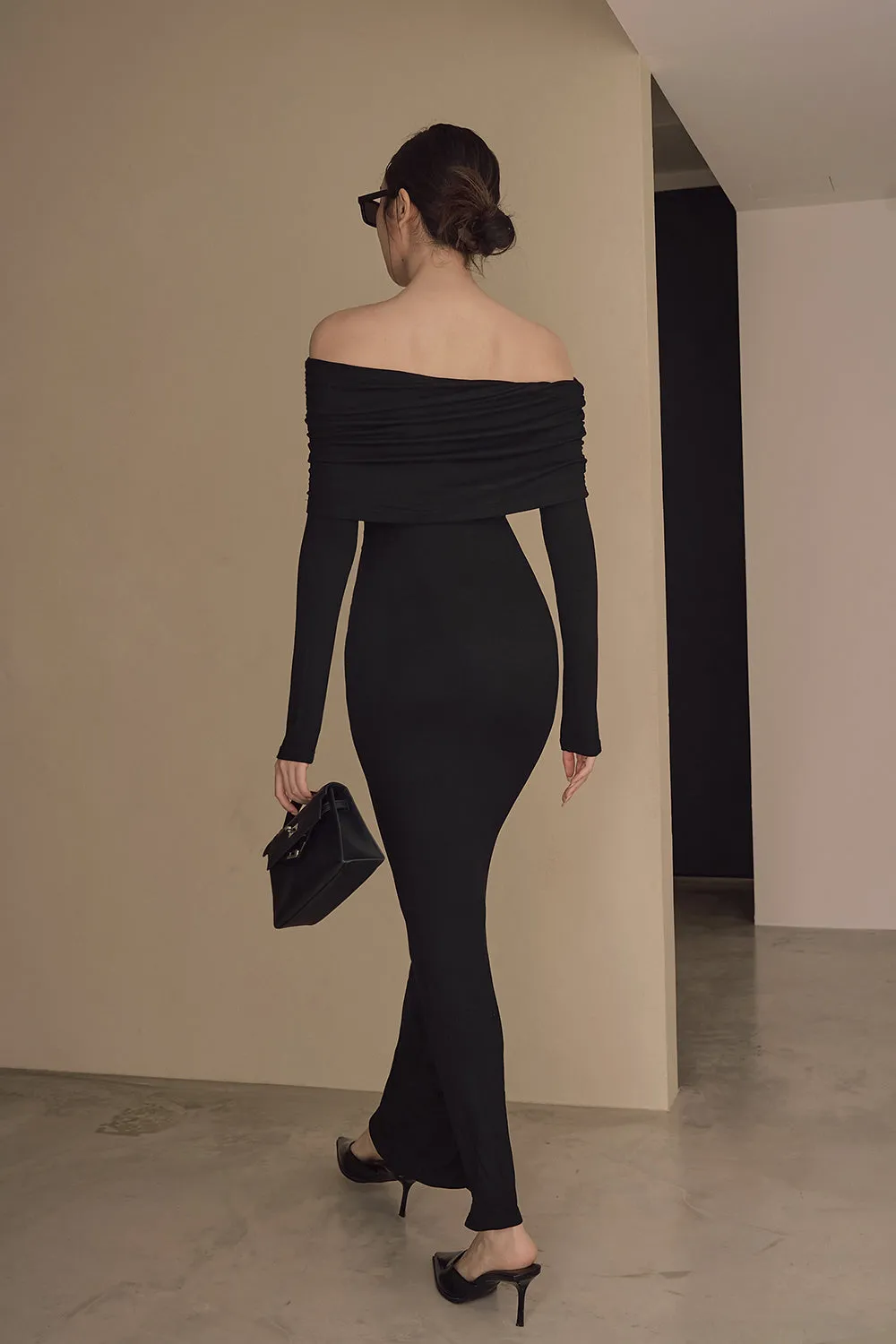 一見鍾情羅紋翻領魚尾襯墊長洋裝<br>Elegant Rib Knit Fold Over Fishtail Maxi Bra Dress