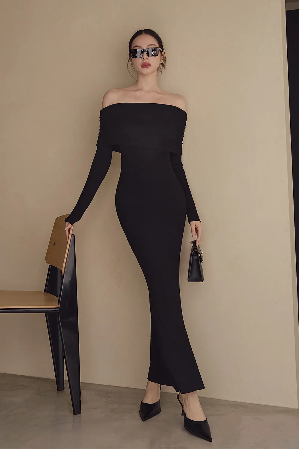 一見鍾情羅紋翻領魚尾襯墊長洋裝<br>Elegant Rib Knit Fold Over Fishtail Maxi Bra Dress