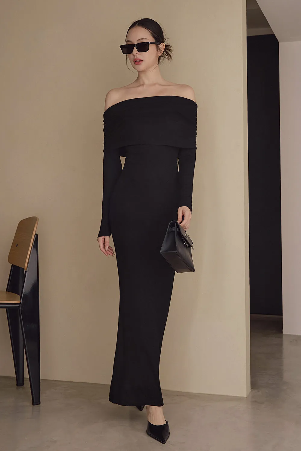 一見鍾情羅紋翻領魚尾襯墊長洋裝<br>Elegant Rib Knit Fold Over Fishtail Maxi Bra Dress
