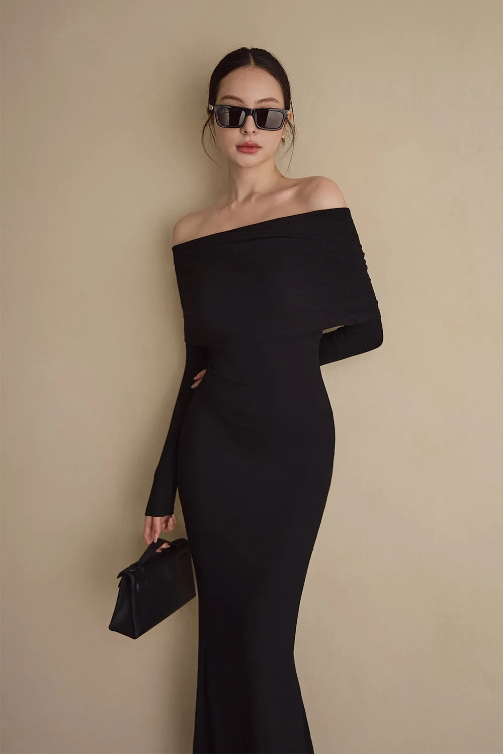 一見鍾情羅紋翻領魚尾襯墊長洋裝<br>Elegant Rib Knit Fold Over Fishtail Maxi Bra Dress