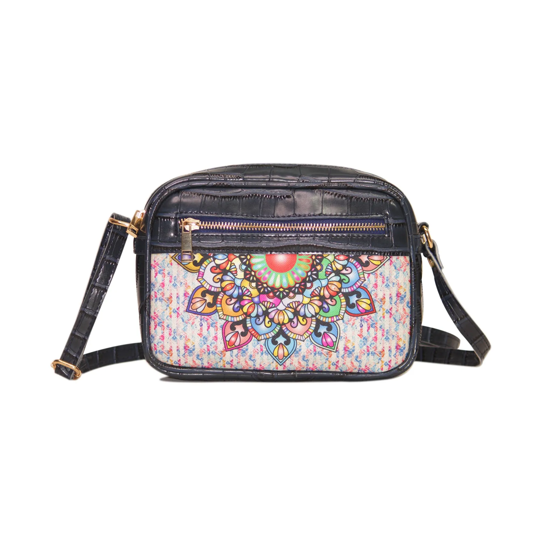 Multicolour Mandala Rectangular Sling Bag Navy Blue Exterior 103-1