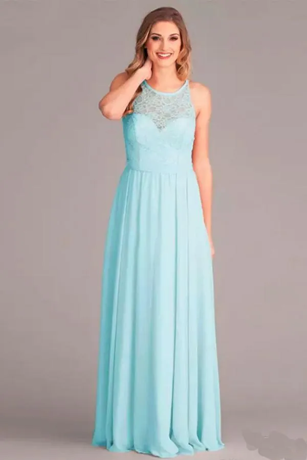 New Arrival A-Line V-Neck Floor-Length Mint Open Back Chiffon Bridesmaid Dress with SWK12954