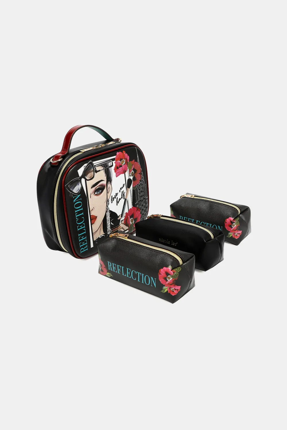 Nicole Lee Multicolor Art Deco Pebbled Glossy Vegan Leather Handbag Pouches Set