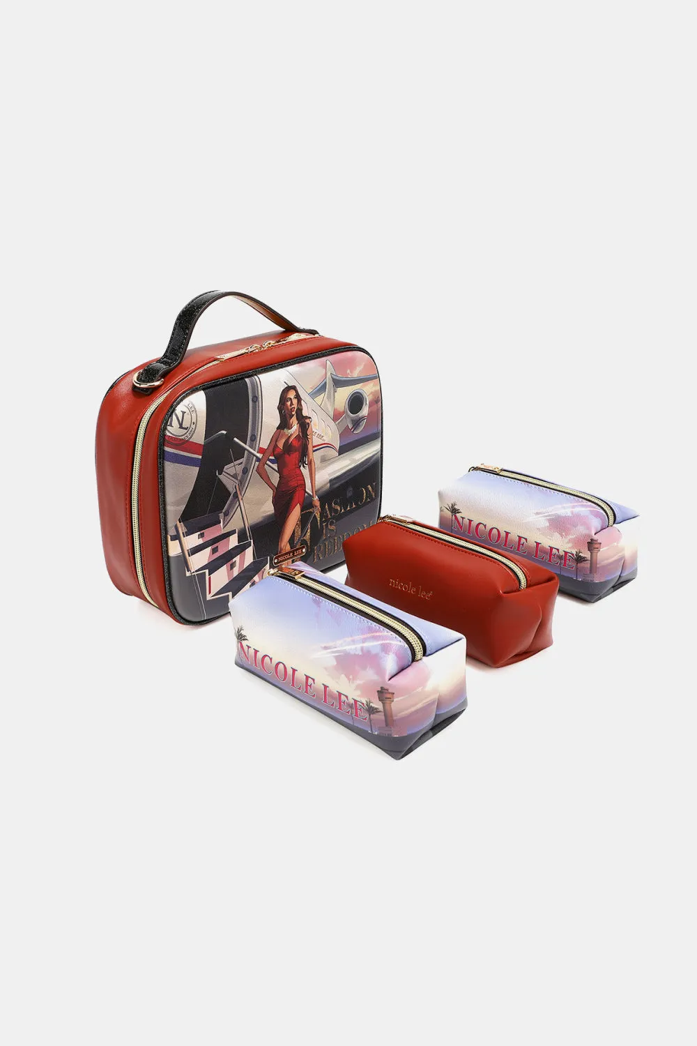 Nicole Lee Multicolor Art Deco Pebbled Glossy Vegan Leather Handbag Pouches Set