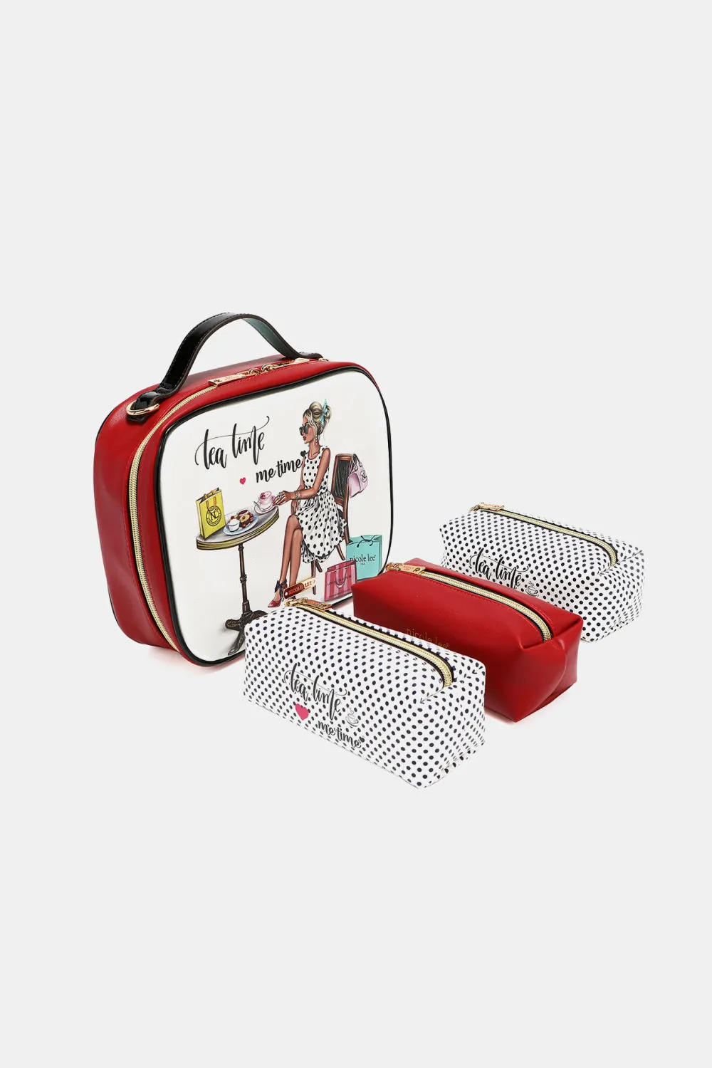 Nicole Lee Multicolor Art Deco Pebbled Glossy Vegan Leather Handbag Pouches Set