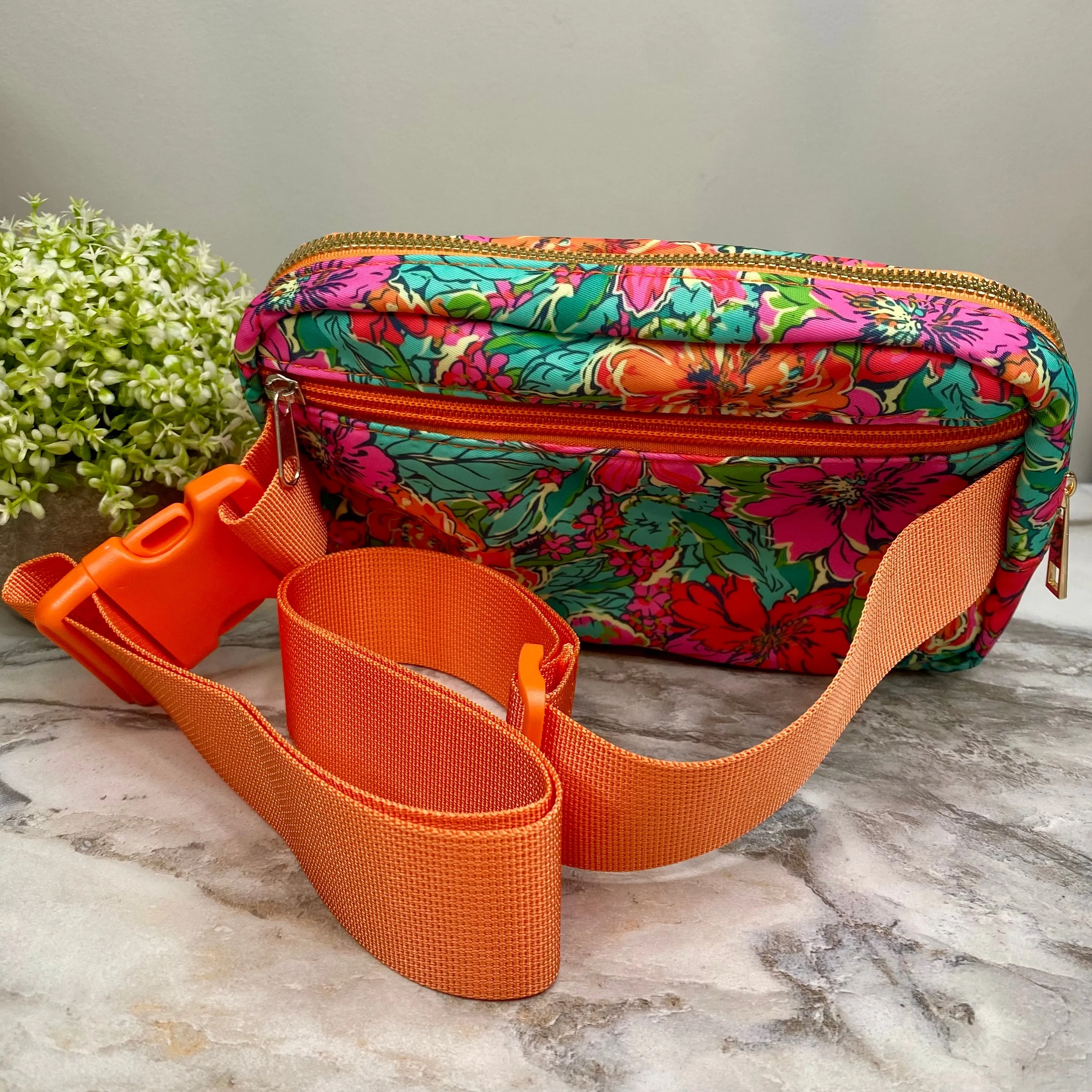 Nylon Belt Bag - Crossbody   Fanny - Floral Orange