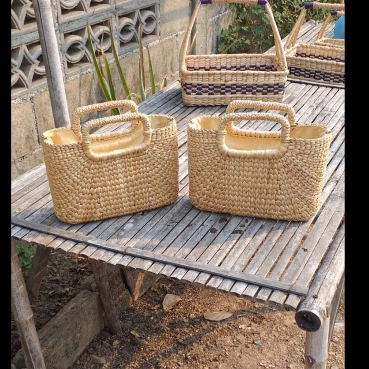 Oblong Basket Bag with Oblong Handles made from Water hyacinth