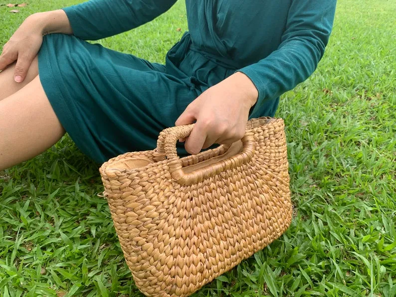 Oblong Basket Bag with Oblong Handles made from Water hyacinth