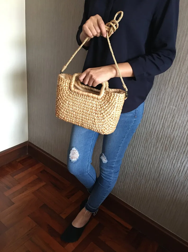 Oblong Basket Bag with Oblong Handles made from Water hyacinth
