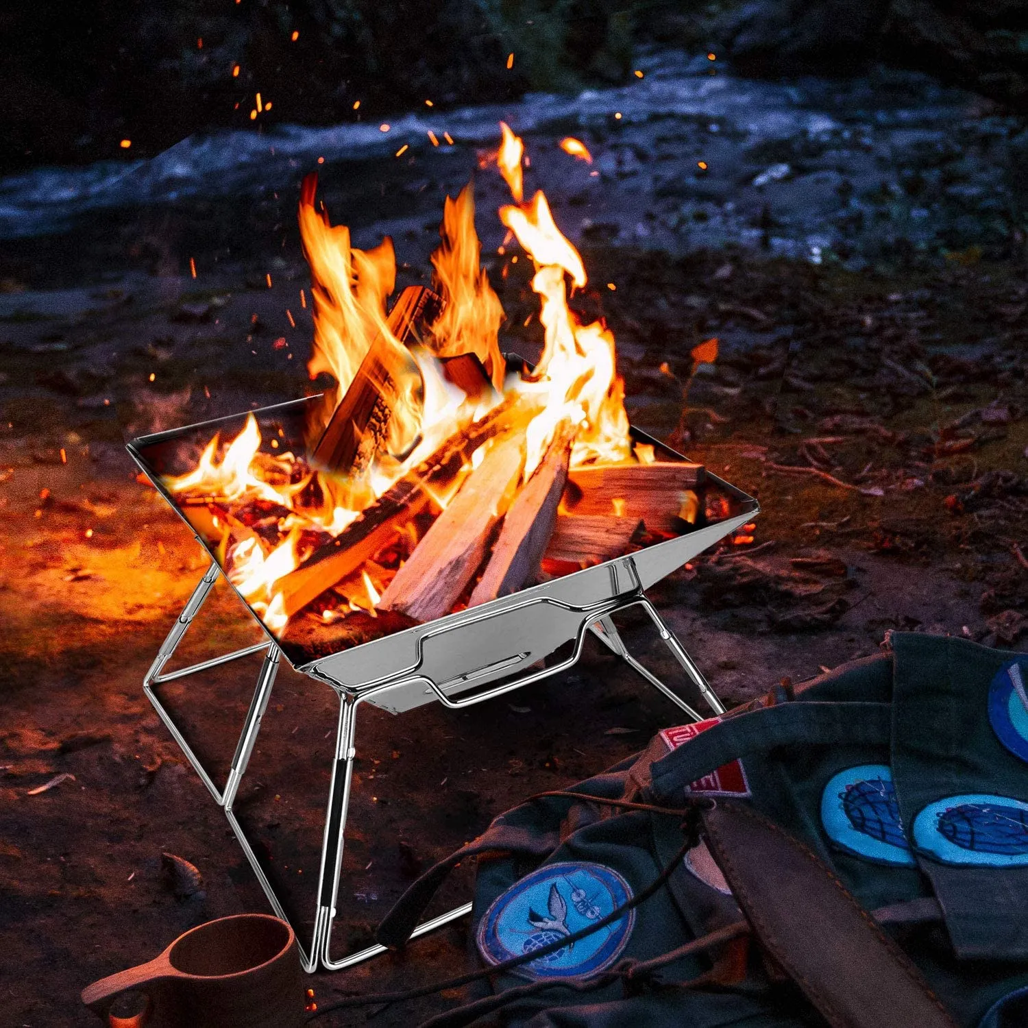 Odoland Folding Campfire Grill, Camping Fire Pit, Outdoor Wood Stove Burner