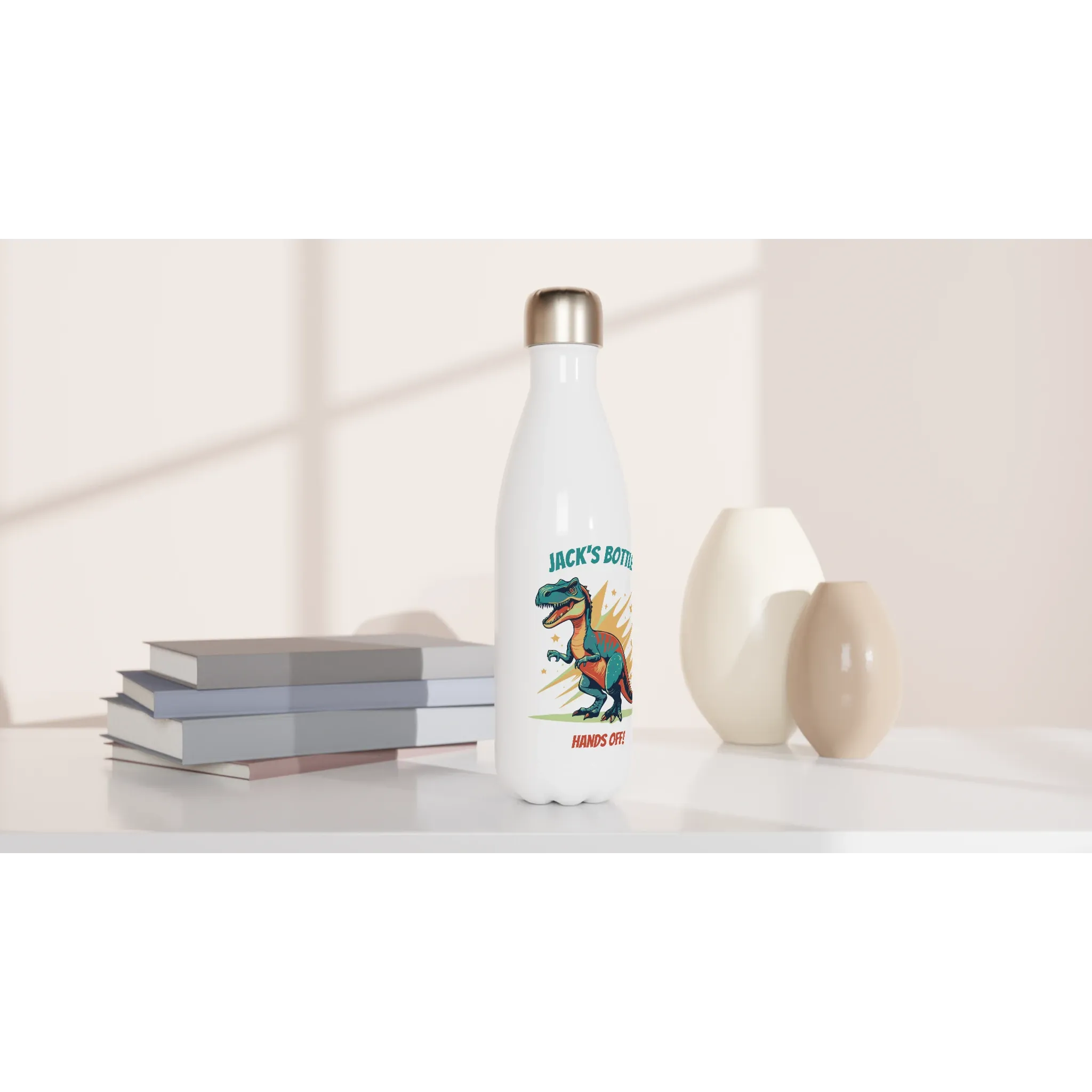 Personalisable White 17oz Stainless Steel Water Bottle - T-Rex Hands Off